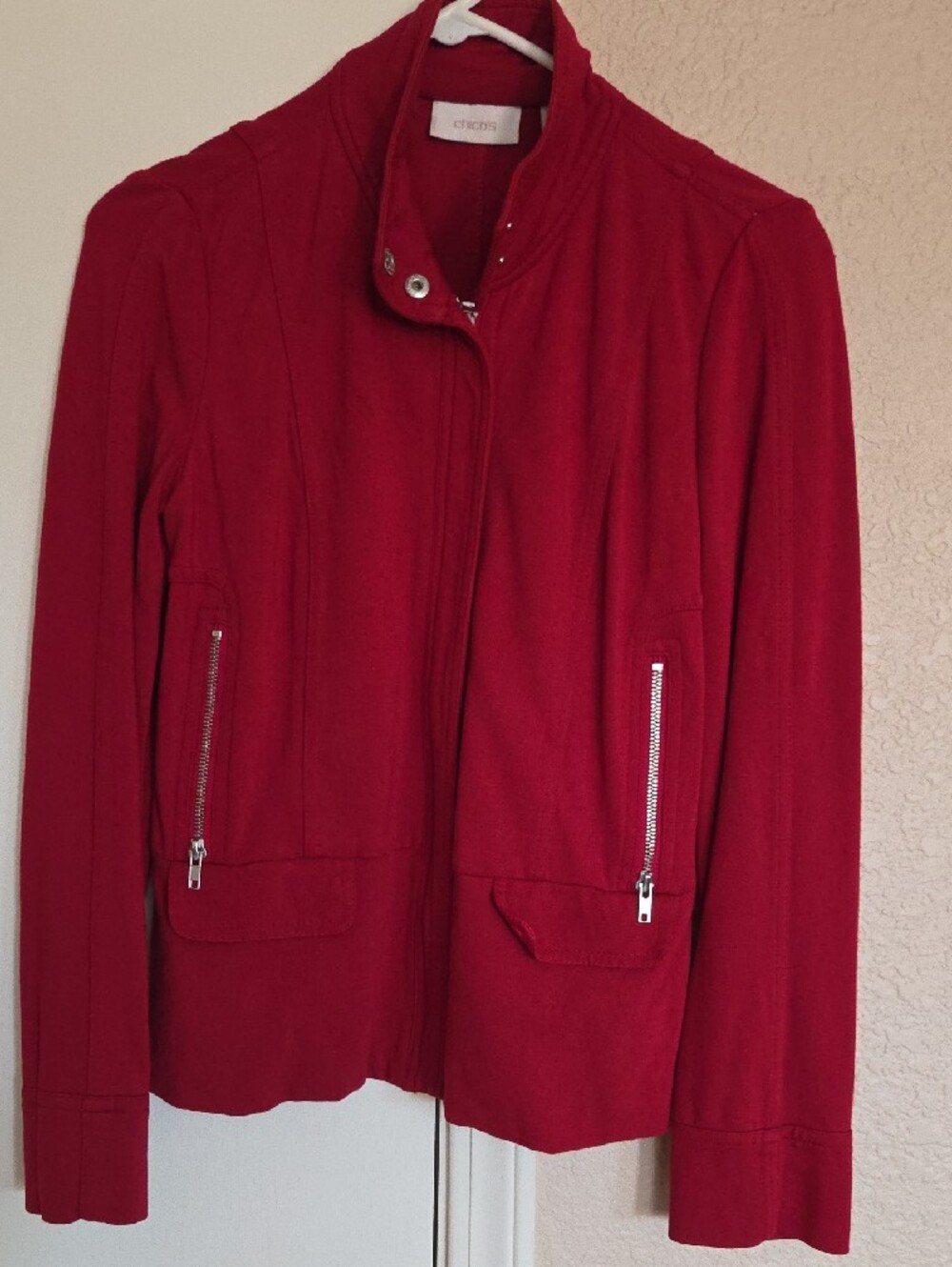 Chico's Vibrant Red Snap-Stand Collar Zip Pocket Jacket - Picture 3 of 10